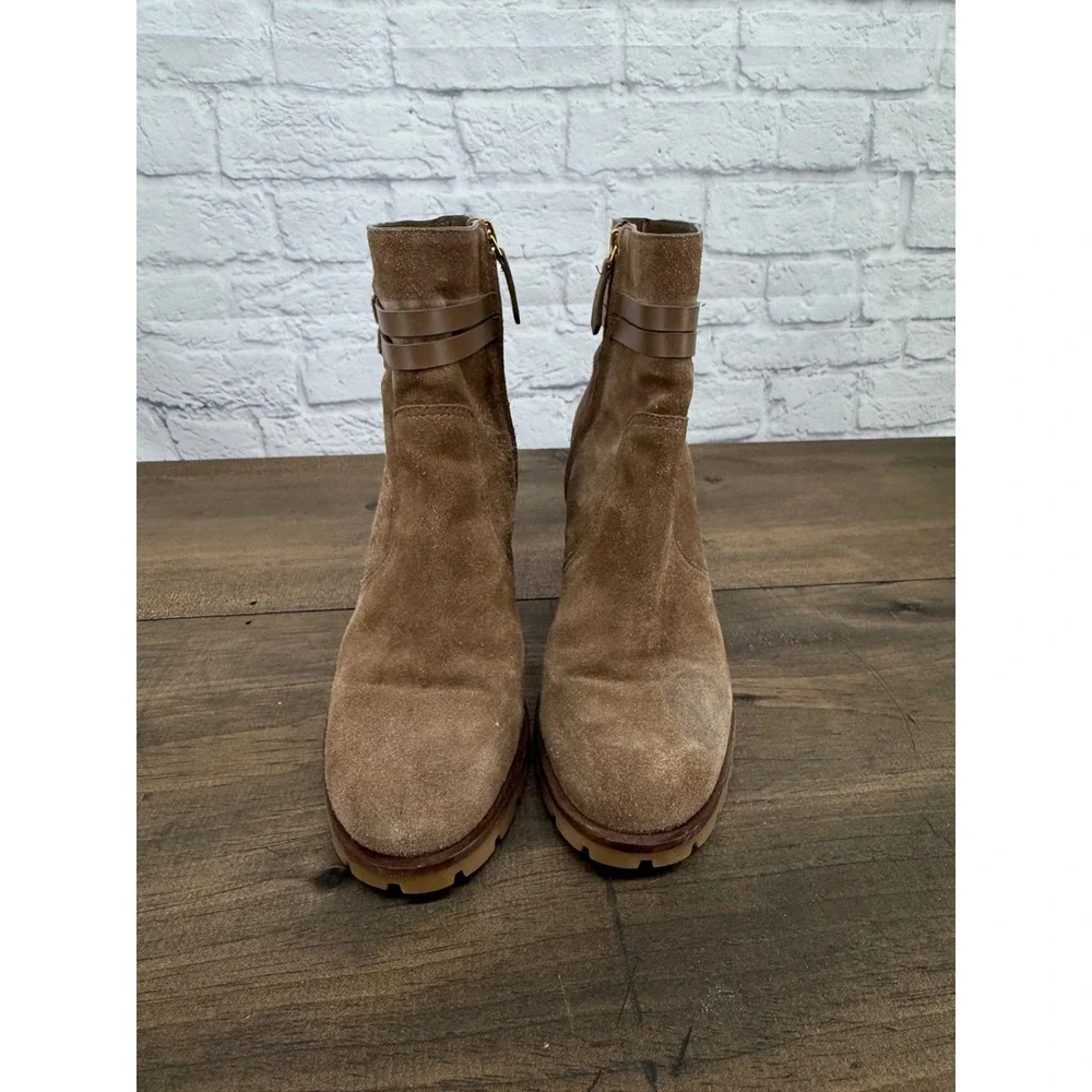 Tory Burch Leigh Brown Suede Double T Logo Lug Sole Ankle Boots 8.5M